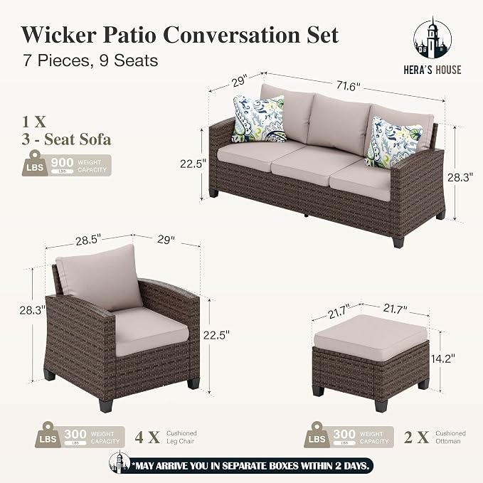 HERA'S HOUSE Wicker Patio Furniture Set, 7 Pieces Outdoor Seating Furniture, Patio Conversation Sofa Sets with Ottomans for Backyard Lawn Deck, Beige