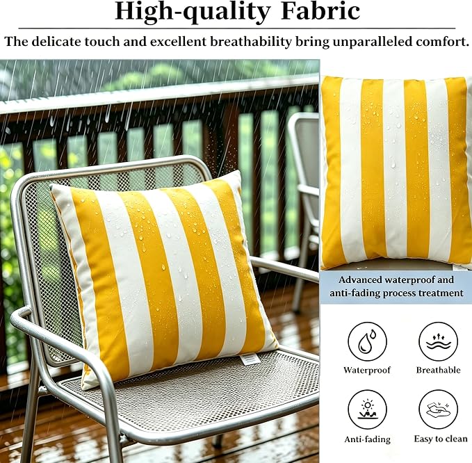 Outdoor Pillows 2-Pack, Waterproof Fade-Resistant (Yellow Stripes, 18x18) | Zippered removable covers easy cleaning, premium PP cotton fill resilient comfort, multiple color options, reinforced edges