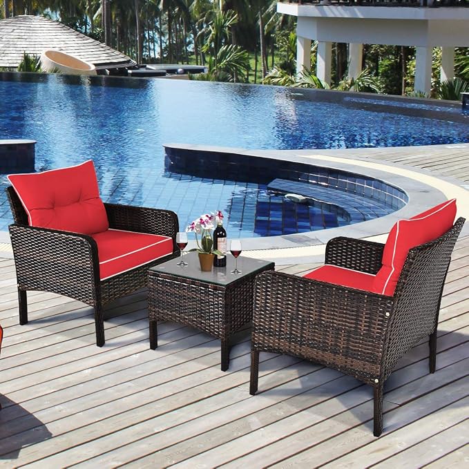 HAPPYGRILL 3 Pieces Patio Furniture Set Outdoor Rattan Wicker Coffee Table & Chairs Set with Seat Cushions Patio Conversation Set for Garden Balcony Backyard Poolside