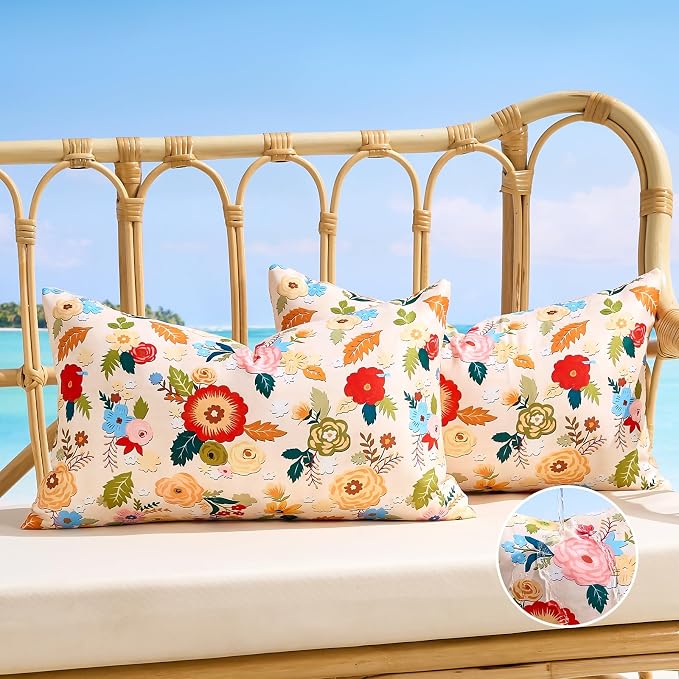 Decorative Waterproof Lumbar Pillow Covers Outdoor Pillow Covers Summer Accent Beige Floral Couch Covers Garden Farmhouse Throw Cushion Cases 12x20 Inch Set of 2 for Patio Tent Balcony Bench Sofa
