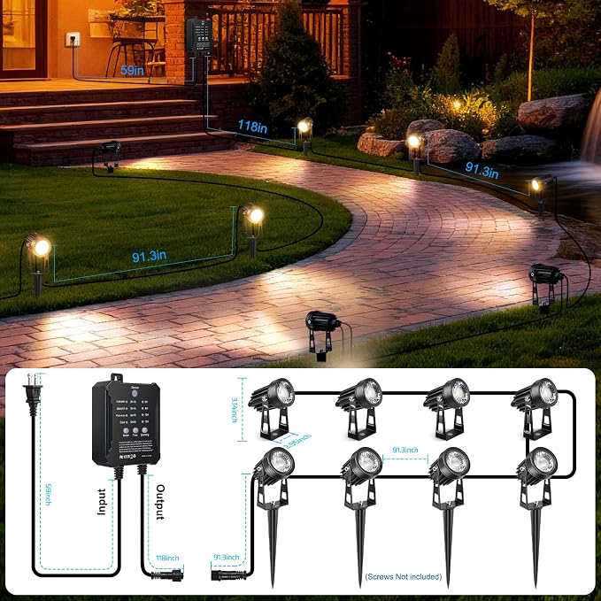 All-in-One Low Voltage Landscape Lighting Kit, 8 Pack Landscape Lights with Smart Transformer, Dimmable Waterproof Outdoor LED SpotLights, 24V LED Landscape Lights for Yard, Garden(Warm White)