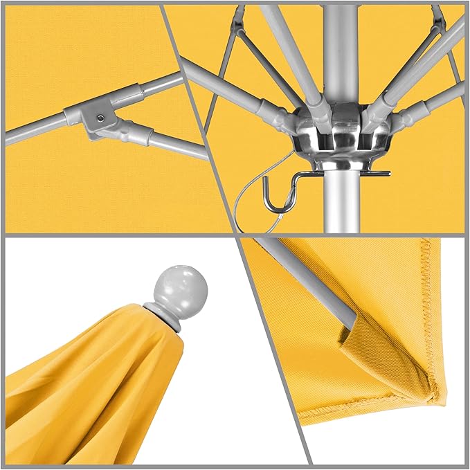 California Umbrella 9' Round Aluminum/Fiberglass Umbrella, Push Open, Silver Pole, Olefin Lemon Fabric