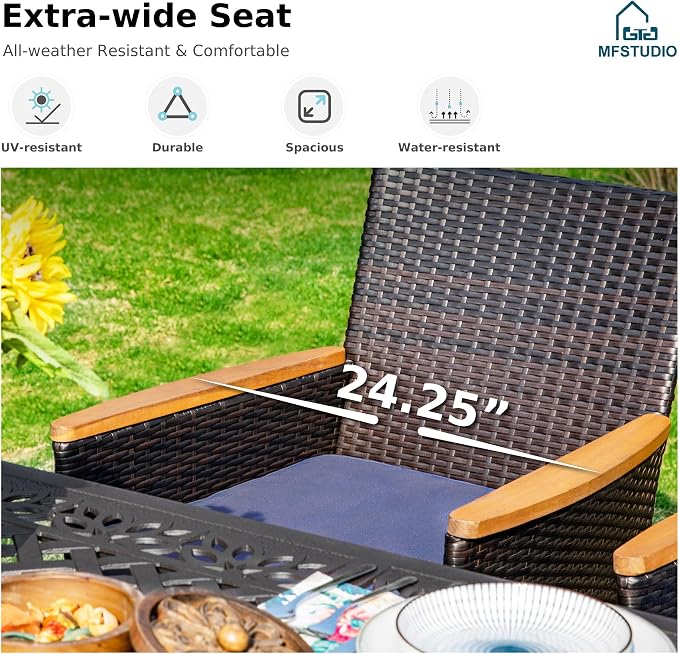 MFSTUDIO Patio Table and Chairs, Outdoor Dining Sets for 6, 7 Pieces Wicker Patio Dining Set with Rectangular Table, Outdoor Metal Dining Furniture with Rattan Chairs