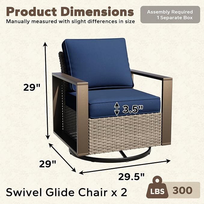 Outdoor Swivel Patio Metal Chairs Set of 2 - Porch Furniture 2 Pieces 360 Degree Glider Rockers Rattan Chairs with Washable Cushion & Metal Steel Rectangular Framed Armrest, Dark Blue