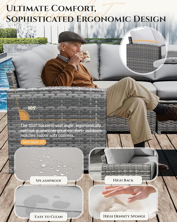 U-MAX 7 Pieces Patio Furniture Set with Waterproof Cover, Outdoor Sectional Sofa Conversation Set, All Weather Wicker Rattan Dining Table & Chair with Ottoman, Grey Rattan&Light Grey Cushion