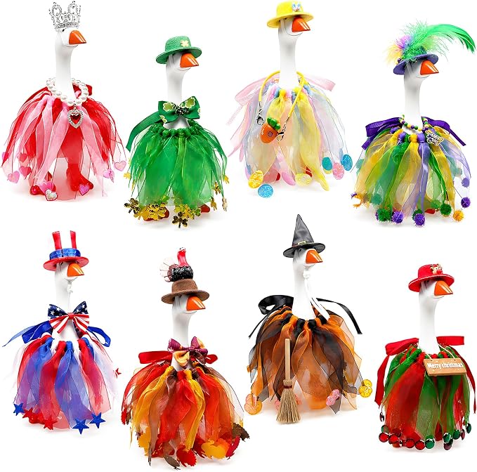 8Set Holiday Outfits for Desk Goose Statue, Seasonal Costumes for 7" Mini Goose, Festival Accessories for Mardi Gras, Valentine's, St. Patrick's, Easter, 4th of July, Thanksgiving, Halloween&Christmas