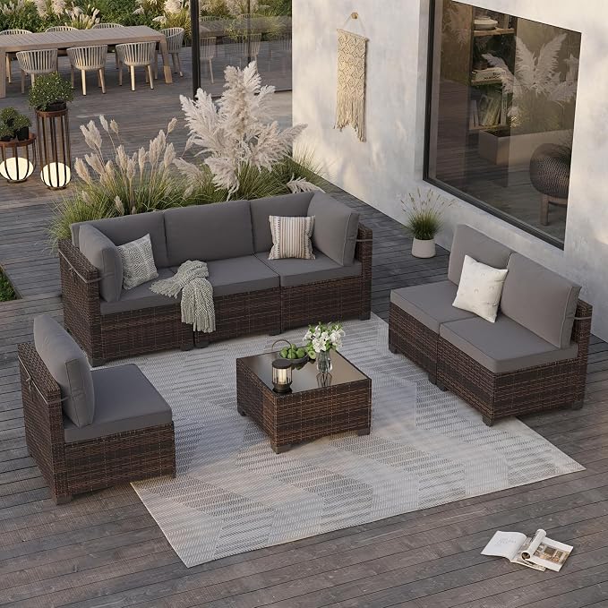 Soohow 7-Piece Patio Furniture Set, Outdoor Conversation Set, Thickened All-Weather Rattan Sectional Sofa with Tempered Glass Table for Garden, Porch, Backyard - Grey Cushions