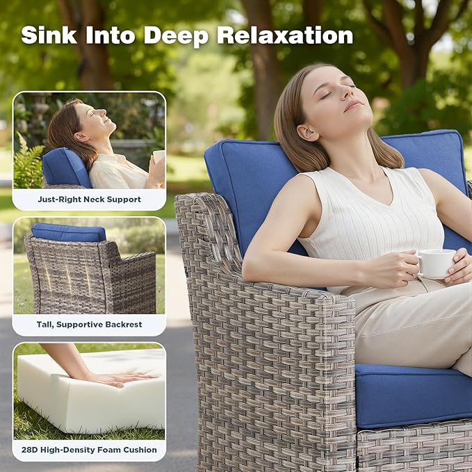 Belord Patio Wicker Swivel Rocker Patio Chairs with 3-Seater Sofa, Outdoor Rattan Chairs for Deck Porch Poolside, 12 Piece Patio Conversation Furniture Set,Blue