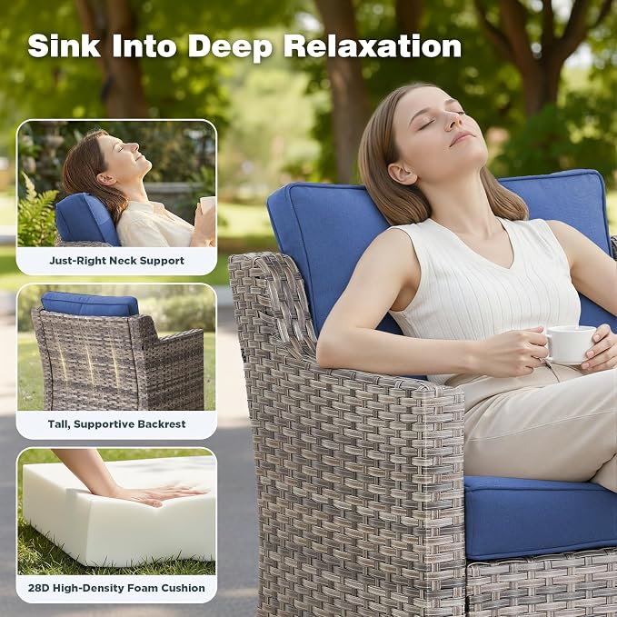 Belord Patio Wicker Swivel Rocker Patio Chairs with Side Table and 3-Seater Sofa, Outdoor Rattan Chairs for Deck Porch Garden, 6 Piece Luxury Patio Furniture Set, Blue