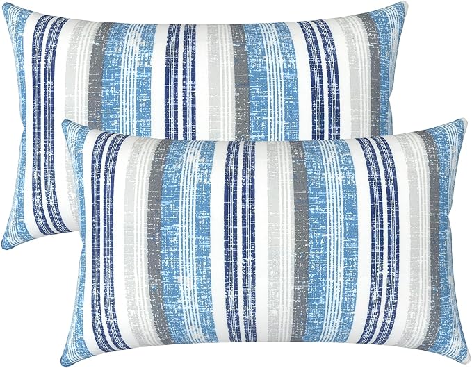LVTXIII Outdoor/Indoor Lumbar Pillows, Decorative Patio Lumbar Cushions, Fluffy Fade Resistant Throw Pillow Cushions for Home Patio Coach Sofa, 12×20 Inch, Pack of 2, Stripe Layered Blue