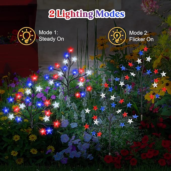 Lewondr 4th of July Decorations Solar Garden Lights, Outdoor Red Blue White Star Solar Lights, Waterproof Patriotic Decor with 20 LED 2 Lighting Modes for Independence Day Memorial Day, 4 Pack