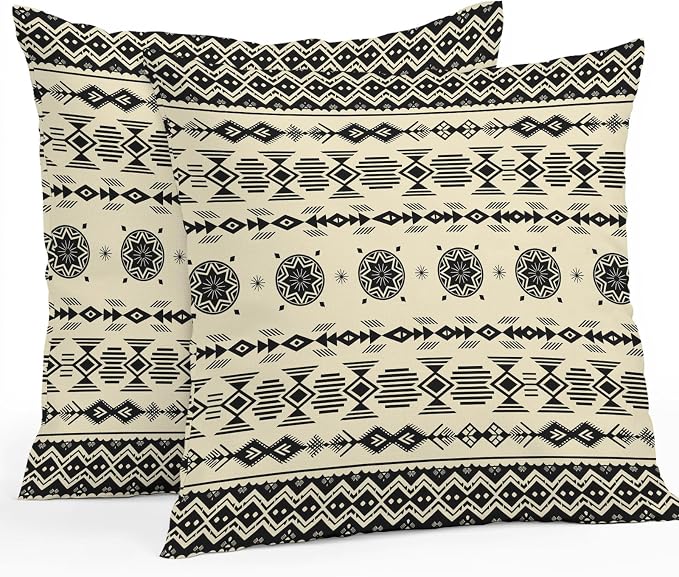 Black Khaki Boho Outdoor Pillow Covers 20x20 Inch Throw Pillow Covers Set of 2 Waterproof Decorative Pillow Cases Vintage Ethnic Tribe Abstract Art Retro Cushion Covers for Patio Furniture Garden