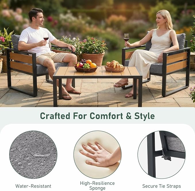 Furnimart Patio Furniture Set, 3-Piece Metal Outdoor Sectional, 2-Seat Patio Conversation Set with Deep Seating, Thick Cushions & Coffee Table for Backyard, Porch & Deck, Gray