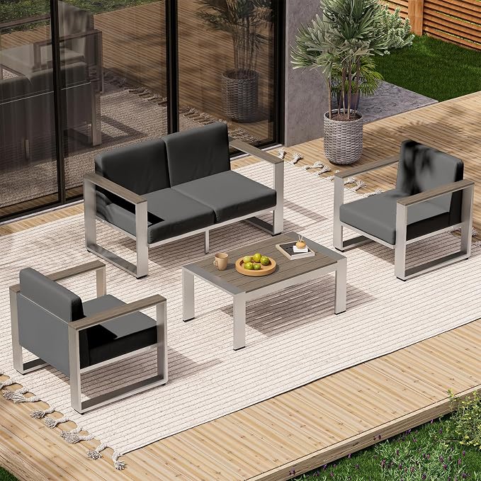 Aluminum Outdoor Furniture Set, 4 Seats Outdoor Patio Conversation Sets with Ergonomic Seat and Wide Washable Thick Cushions, Modern Patio Sectional Furniture for Balcony, Porch (Charocal)
