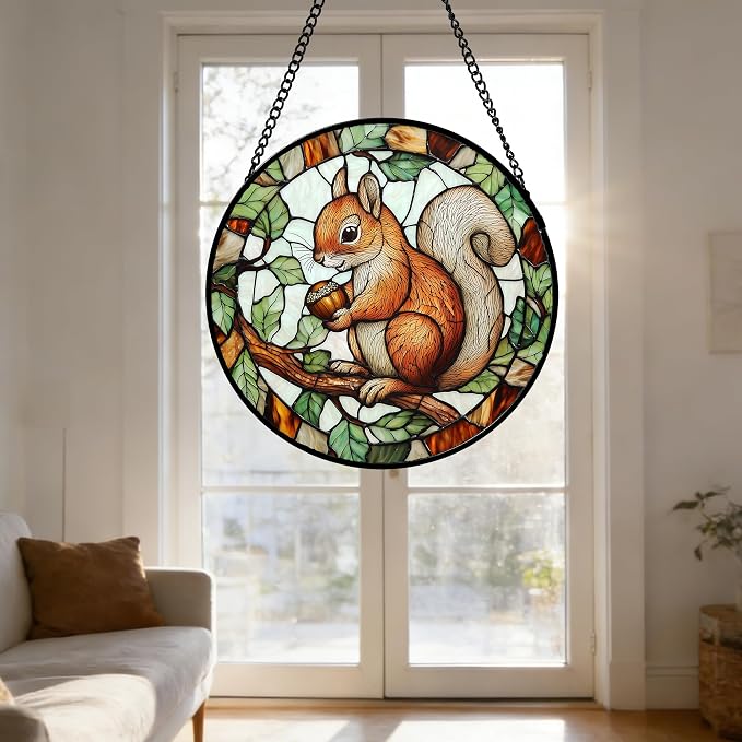 DASTOLL Stained Glass Window Hanging, Squirrel on a Branch Suncatcher Diamond Glass Panel Animal Sun Catchers Decor for Birthday for Women, Men, Wife, Aunt, and Mom 14.9x14.9 in