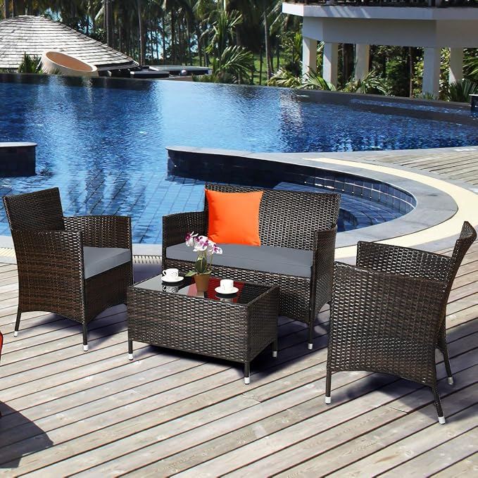Tangkula 8 PCS Patio Rattan Conversation Set, Outdoor Wicker Furniture Set with Tempered Glass Coffee Table &Thick Cushion, Rattan Chair Wicker Set for Garden, Lawn, Poolside and Backyard (2, Gray)