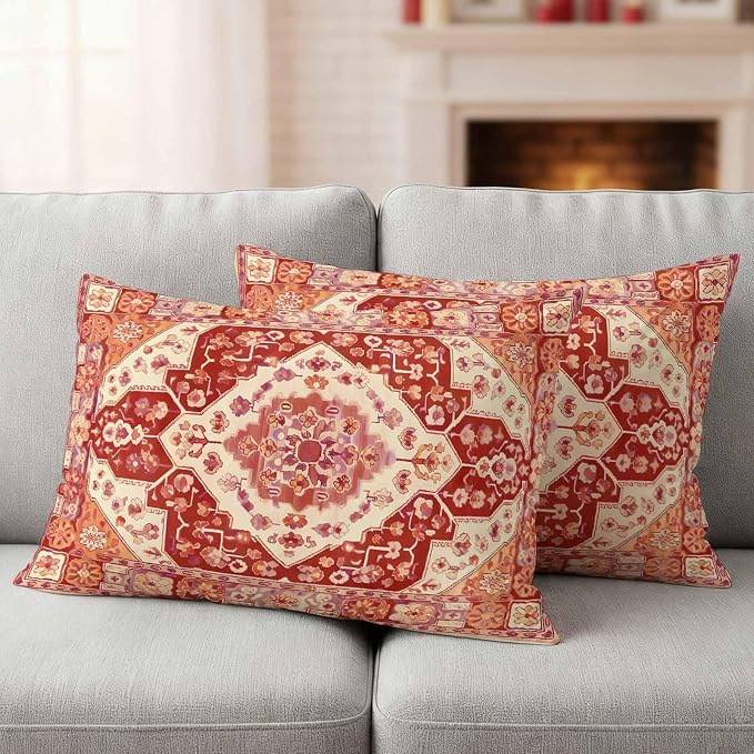 Red Bohemia Turkish Pattern Outdoor Pillow Covers Set of 2 Retro Ethnic Style Waterproof Throw Pillow Cover Decorative Cushion Cases for Patio Porch Garden 20X12 Inch