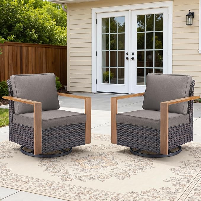 2PCS Outdoor Swivel Patio Chairs Set, All-Weather Wicker Swivel Rocker Chairs with High Back and Deep Seat, Patio Seating for Porch, Deck, Backyard and Poolside Grey