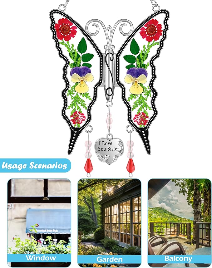 KY&BOSAM Butterfly Suncatcher I Love You Sister Stained Glass for Windows Hangings Wind Chime Pressed Real Dried Flowers Between Wings and Heart Charm Gifts for Sister Mothers Day Birthday Valentines