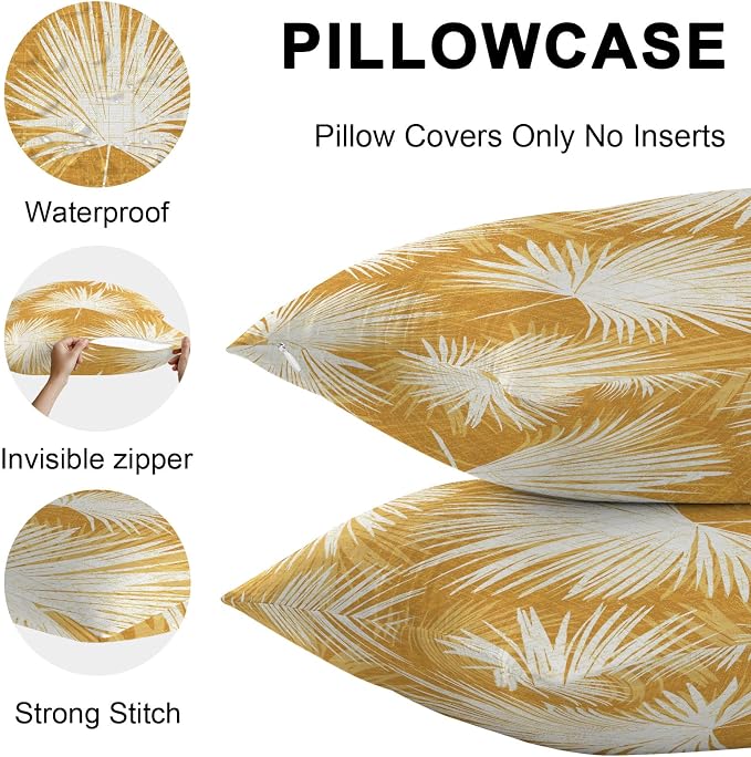 Throw Pillow Covers 24x24 Inch Set of 2, Golden Yellow Palm Leaves Waterproof Outdoor Pillow Covers, Summer Tropical Botanical Decorative Cushion Pillowcases for Couch, Sofa, Bed, Garden, Patio