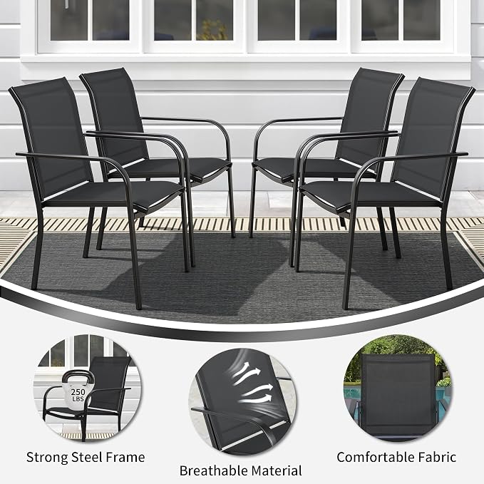 SUNCROWN 6 - Piece Outdoor Dining Set, Patio Furniture Set with 4 Textilene Dinning Chairs, 1 Steel Slat Metal Bistro Table and 1 Sky Blue 9Ft Patio Umbrella for Lawn Garden Backyard Deck, Black