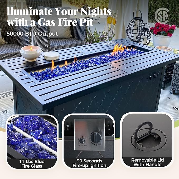 MIXPATIO Patio Furniture Set, 4 Pcs Metal Outdoor Conversation Set, 2 Rocking Chairs and 3 Seater Sofa with 5.75" Extra Thick Cushion and Gas Fire Pit Table for Backyard Deck, Gemstone Blue