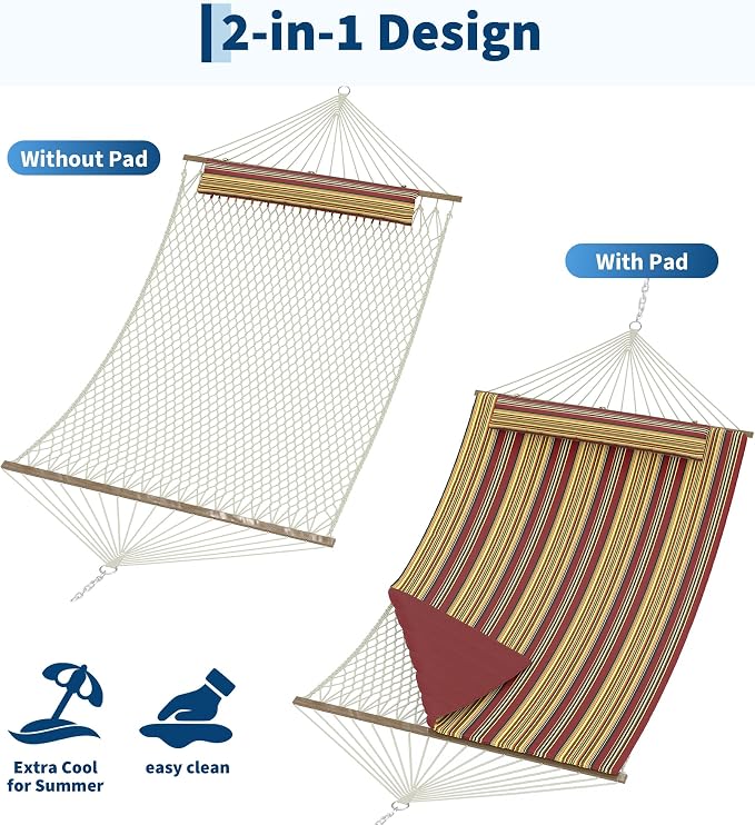 Double Quilted 2 Person Hammock – 12FT Outdoor Freestanding Garden Hammock, Wooden Spreader Bar, Removable Pillow, Storage Pocket, 450lbs Capacity, Cotton Rope & Padded Polyester