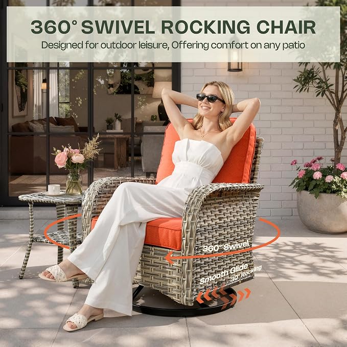 10 Pieces Patio Furniture Set, Outdoor Conversation Set with 360° Swivel Rocker Chairs, Wicker Modular Sectional Sofa & Solar Coffee Table, High Back Outdoor Furniture L Shaped Couch for Porch, Orange
