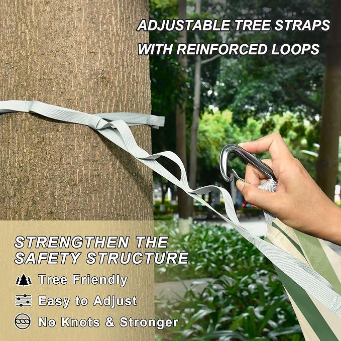 Camping Hammock Outdoor Hammocks for Outside Green Cream Stripe Beach Trees Portable Lightweight with Pockets Tree Straps Indoor