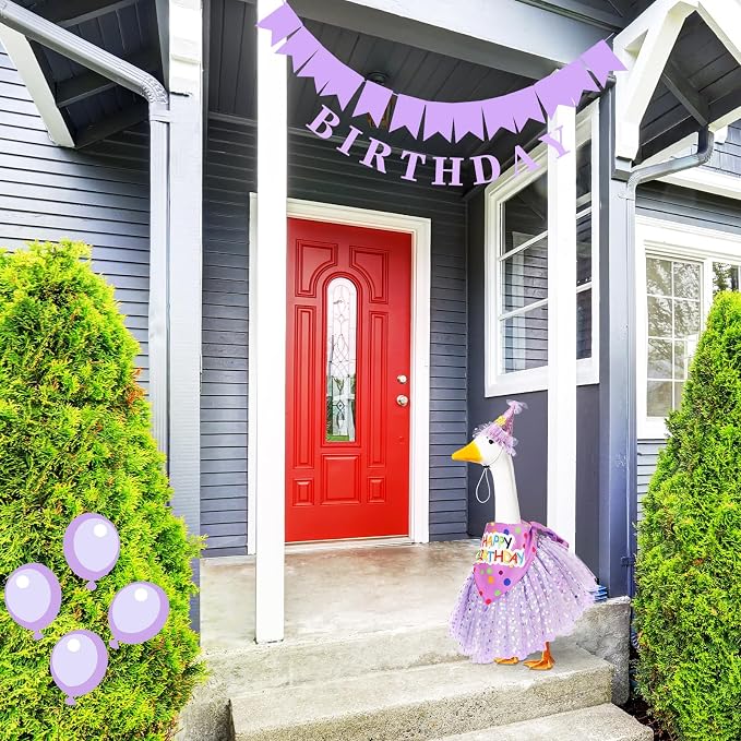 3 Pcs Porch Goose Birthday Outfit Girl Cement Goose Clothes,Purple | 23 Inch Porch Goose Outfits Happy Birthday, Porch Goose Outfits Princess, Happy Birthday Hat and Tutu Skirt Bandana