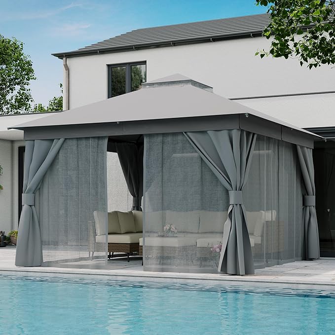 LAUSAINT HOME 12'x12' Outdoor Gazebo, Metal Frame Heavy Duty Patio Canopy Tent Shelter with Double Roofs, Mosquito Nettings and Privacy Screens for Backyard, Garden, Lawn, Gray