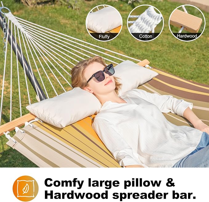 GAFETE Waterproof Double Hammock with Stand for Outside Heavy Duty, 2 Person 55'' Extra Large Quick Dry Textilene Hammocks with Hardwood Spreader Bar, Pillow, Side Pocket, 475lbs Capacity (Coffee)
