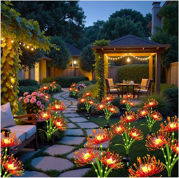 Solar Garden Flower Lights Outdoor,6 Pack Orange Spider Lily Lights with Glowing Stems,Waterproof Fall Decor Solar Yard Decor for Patio Lawn Pathway,Thanksgiving Garden Gifts for Women Mom Grandma