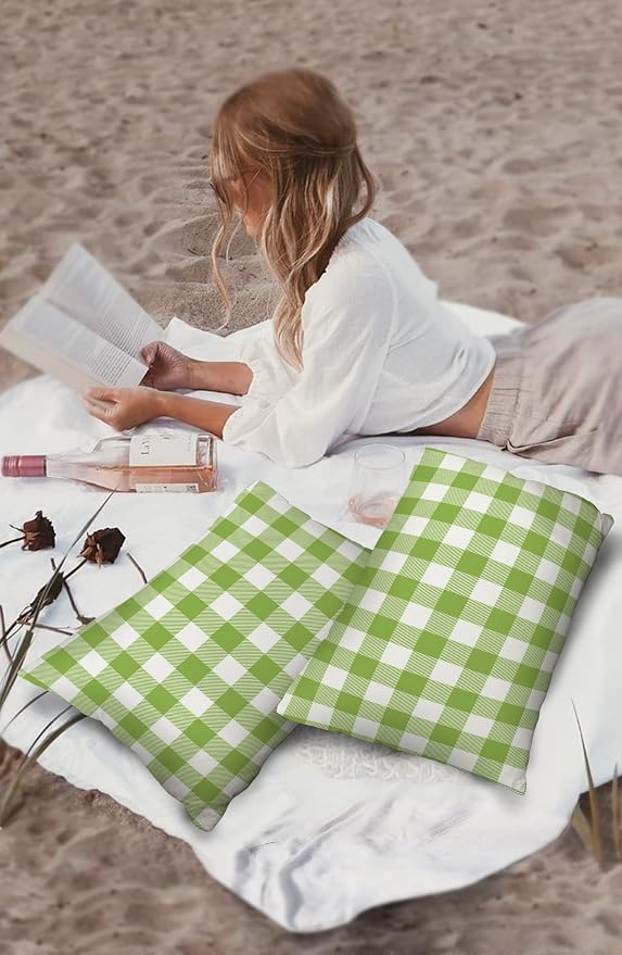 Outdoor Waterproof Throw Pillow Covers Set of 2 Sage Green Buffalo Check Plaid Lumbar Pillowcases 20x12 Inches Farmhouse Style Patio Decorative Pillows Cushion Case Patio Pillows for Couch Bed Garden