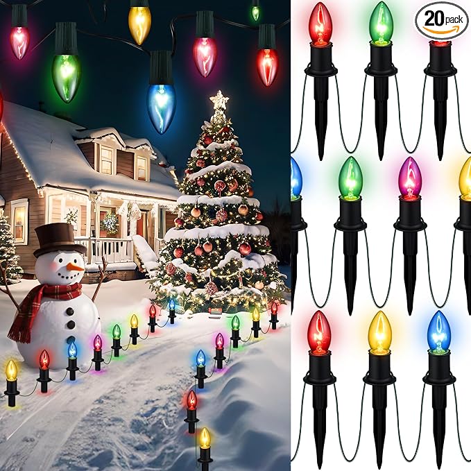 TIORIY Christmas Lights Outdoor 20 Pathway Lights - 24.2ft Multicolor Walkway Light with Stakes, C9 Driveway Light for Outside Yard Garden, Extendable for Xmas Holiday Decorations, 20 Lights