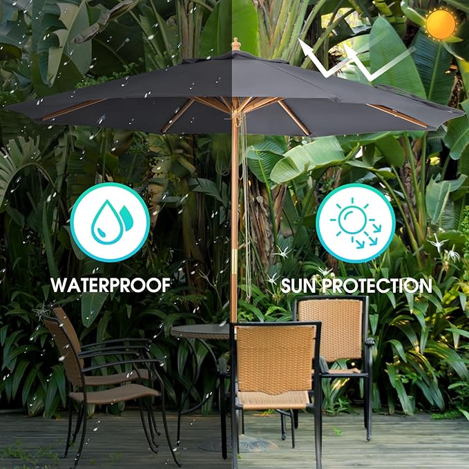 9ft Wooden Umbrella, Outdoor Patio Umbrella, Wood Market Umbrella, Patio Umbrella Wood Pole with Pulley Lift for Garden, Yard, Deck, Pool, Market