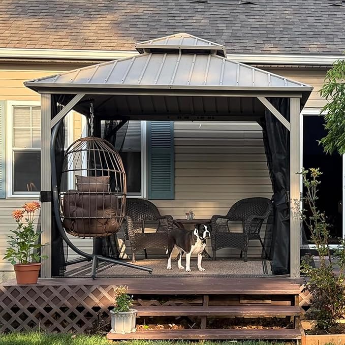 PURPLE LEAF 10' x 10' Hardtop Gazebo, Champagne Outdoor Aluminum Gazebo with Galvanized Steel Double Roof, Curtains and Netting for Patio Lawn and Garden
