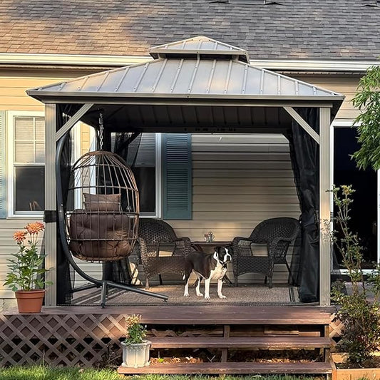 PURPLE LEAF 10' x 10' Hardtop Gazebo, Champagne Outdoor Aluminum Gazebo with Galvanized Steel Double Roof, Curtains and Netting for Patio Lawn and Garden