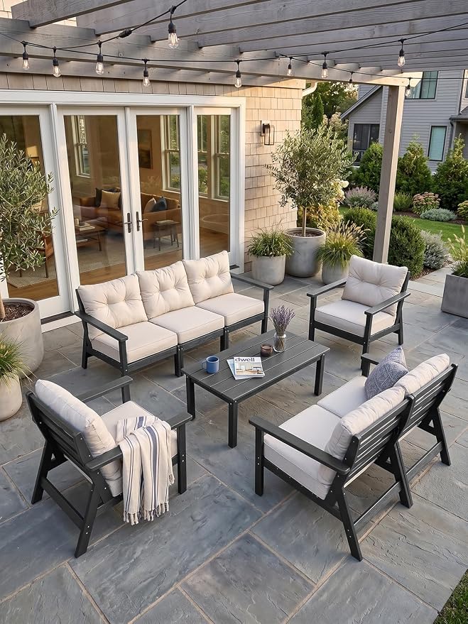 3 Seat HDPE Patio Sofa, Outdoor Couch with Thick Cushions, Patio Furniture | Water-Resistant Thick Cushion, HDPE All Weather, Wood-Grain, No Rot or Rust or Crack, UV Fade Shield, Easy-Clean for Outside