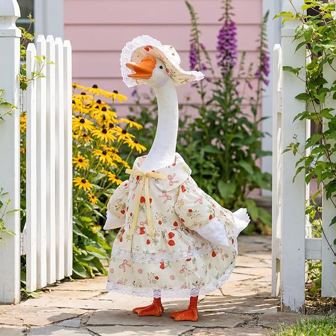Spring Porch Goose Outfit Strawberry Bow Porch Goose Clothes for 23 Inch Lawn Cement or Plastic Geese Statue Geese Skirt Costume with Hat Dress for Summer Outdoor Patio Garden Holiday Decor