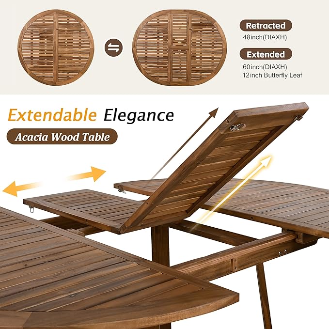 Merax Outdoor Dining Table Set, 5-Piece Outdoor Dining Table Sets with 4 Rattan Arm Chairs Patio Extendable Wooden Foldable Round Kitchen Table Set for Lawn, Deck, Backyard, Natural