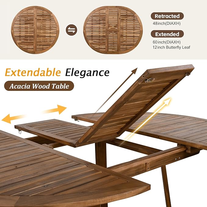 Merax 5 Piece Patio Dining Set, Outdoor Acacia Wood Extendable Round Table with 12 Inch Butterfly Leaf and 4 Rattan Arm Chairs w/Cousions & Pillows for Backyard,Balcony, Garden, Poolside, Natural