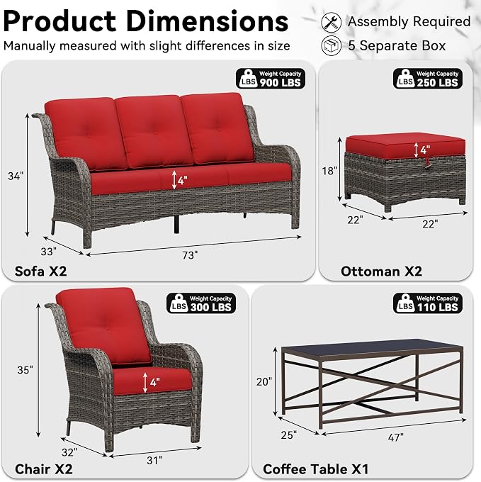 7 Piece Outdoor Wicker Patio Furniture Set, Patio Chairs Set with Thickened Olefin Cushions, High Back and Deep Seating, Hand-Woven PE Rattan, Ottoman for Porch, Deck
