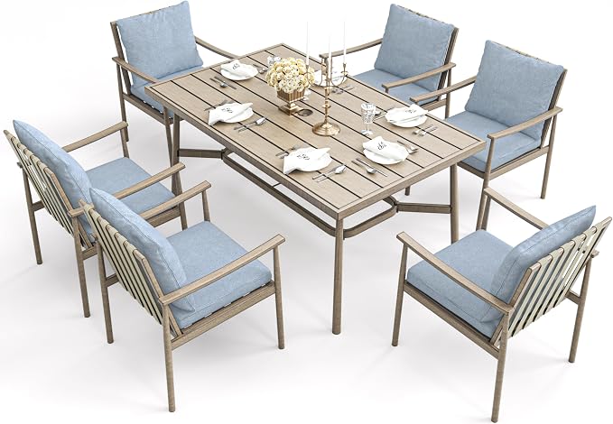 HAPPATIO 7-Piece Outdoor Dining Set for 6, Aluminum Patio Dining Set Includes 6 Dining Chairs and 1 Large Rectangular Table with Umbrella Hole, Patio Furniture Set for Lawn, Porch, Backyard, Brown