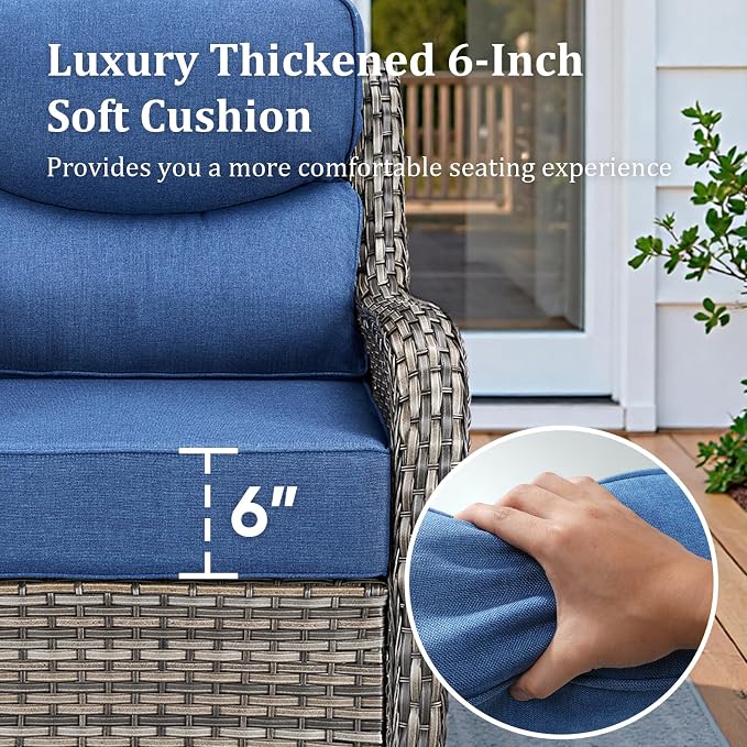 71'' Patio Couch Outdoor Wicker Sofa, Heavy Duty All-Weather Rattan 3-Seater Sofa with Deep Seating and Removable Cover, Outdoor Patio Furniture for Deck Porch Sunroom Backyard Grey/Blue
