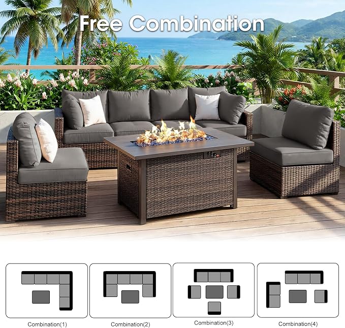 7 Piece Patio Furniture Set with 44" Fire Pit Table, Outdoor Sectional Couch, PE Rattan Patio Conversation Sets with 4inch Cushions for Backyard Grey (GY)