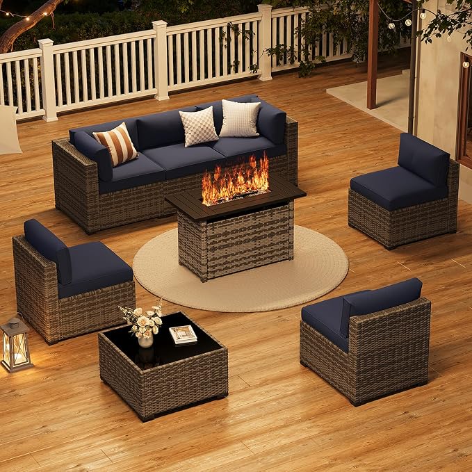 LazySunsets 8-Piece Patio Furniture Set with 44" Fire Pit Table, Wicker Outdoor Furniture, Patio Conversation Sets with Coffee Table, Outdoor Sectional Couch, Blue