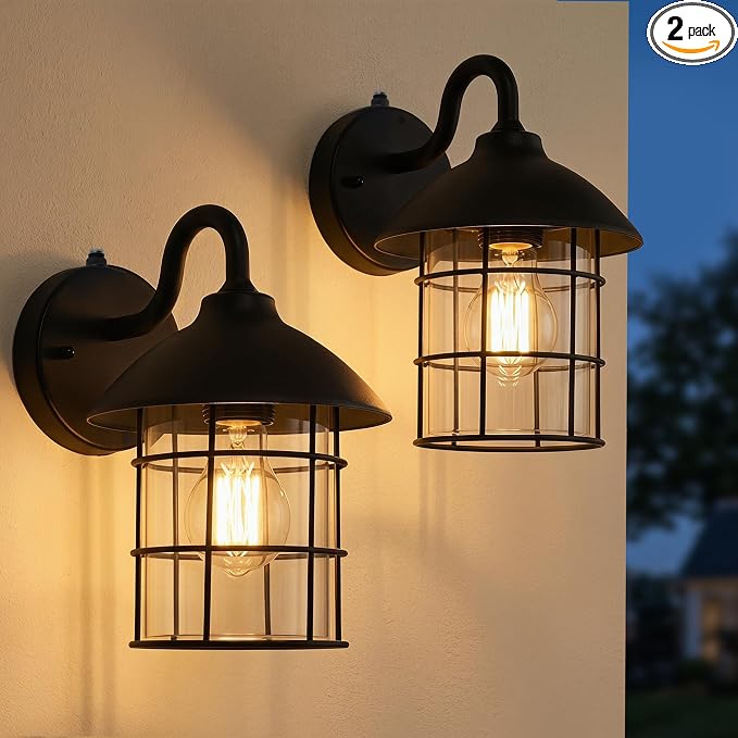 UME 2 Pack Dusk to Dawn Outdoor Wall Lights,Porch Lights,Waterproof Outdoor Wall Sconce, Exterior Light Fixtures E26 Base with Clear Glass Shade for House Garage Patio Front Door Balcony