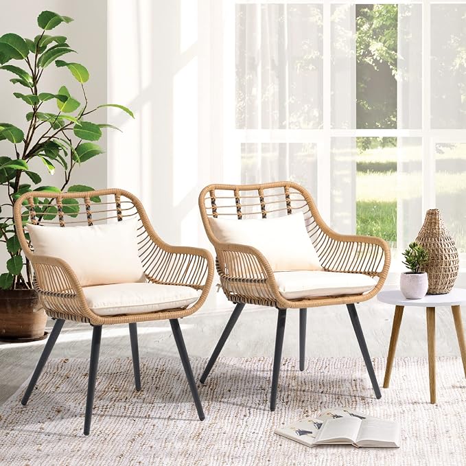 JOIVI Outdoor Patio Wicker Chairs Set of 2, Rattan Porch Chairs with Cushion and Armrest, Outdoor Seating with Iron Frame, Balcony Furniture for Apartments, Lawn, Backyard, Garden | Set of 2, All-Weather Outdoor Seating with Iron Frame, w/Seat Cushions...