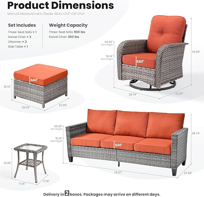 ovios 6 Pieces Patio Furniture Set, Outdoor Wicker Sofa Couch with Swivel Glider Chairs Comfy Cushions, Modern Deep Seat Rattan Conversation Sets for Deck Porch, Orange Red